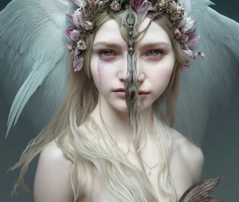 Prompt: symmetry!! cancer!! female portrait, beautiful, detailed white long hair, elf ears, wings, intricate hidden face mask, complex 3 d render by ilya kuvshinov, alphonse mucha, ryohei hase, dramatic lighting, intricate, highly detailed, final fantasy, sharp focus, luminous, unreal engine 5 rendered, blender, deviant