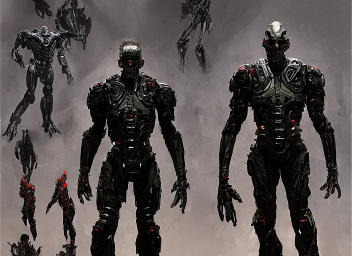 Image similar to willem dafoe as victor stone, full body concept, cyborg, borg, strogg, face of a man, terminator, flesh, quake strogg, doom demon, wolfenstein, monstrous, symmetry, symmetrical, concept art by ruan jia and greg rutkowski