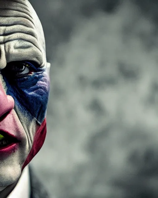 Prompt: Film still close-up shot of Dwayne Johnson as The Joker from the movie The Dark Knight. Photographic, photography