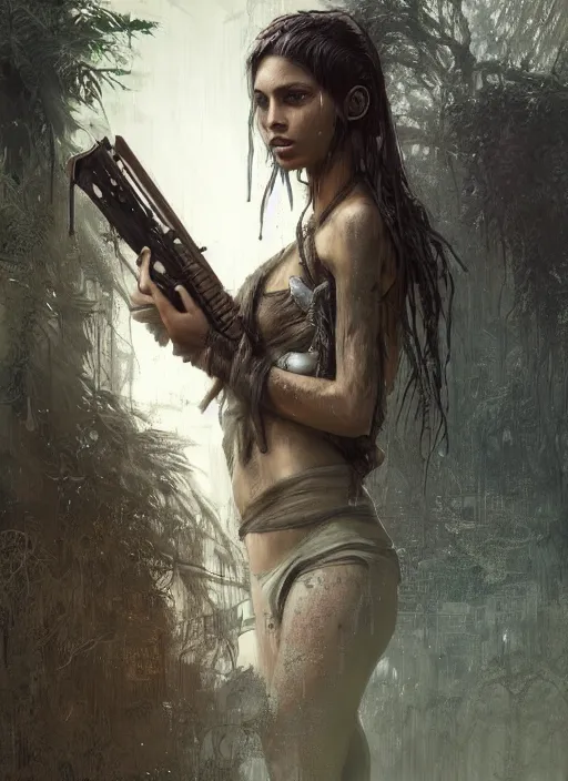 Prompt: portrait of a young very beautiful cute tribal woman with a futuristic gun, in a post apocalyptic city overgrown with lush vegetation, by Luis Royo, by Greg Rutkowski, dark, gritty, intricate, volumetric lighting, volumetric atmosphere, concept art, cover illustration, octane render, trending on artstation, 8k