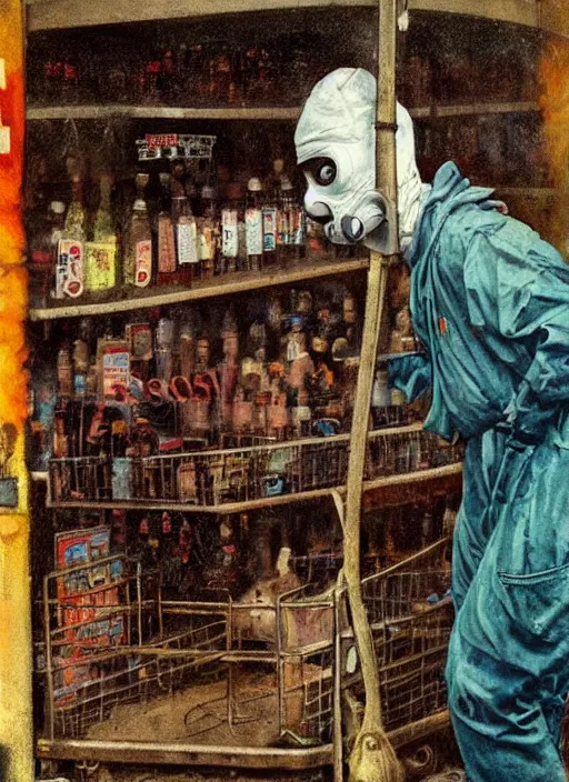 Prompt: realistic detailed image of a shrouded figure with a gasmask at gas station in the style of Francis Bacon, hooded figure Surreal, Norman Rockwell and James Jean, Greg Hildebrandt, and Mark Brooks, triadic color scheme, By Greg Rutkowski, in the style of Francis Bacon and Syd Mead and Edward Hopper and Norman Rockwell and Beksinski, Diesel punk female, open ceiling, highly detailed, painted by Francis Bacon, painted by James Gilleard, surrealism, airbrush, Ilya Kuvshinov, WLOP, Stanley Artgerm, very coherent, art by Takato Yamamoto and James Jean
