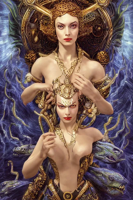 Image similar to Mystical Valkyrie, Portrait of a beautiful female Atlantean Reptilian Warrior, Realistic, Regal, Refined, Detailed Digital Art, Michael Cheval, Walt Disney (1937), François Boucher, Oil Painting, Steampunk, Highly Detailed, Cinematic Lighting, Unreal Engine, 8k, HD