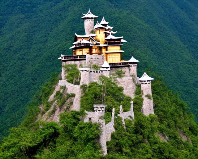 Prompt: Mountaintop castle made of bamboo