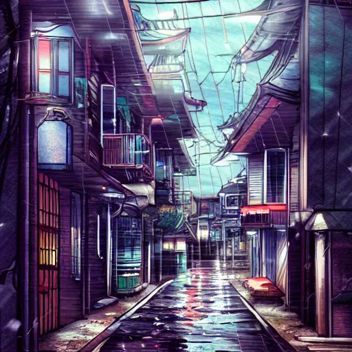 Prompt: anime tokyo residential quiet street scenery only wallpaper aesthetic, rainy scene, beautiful, dreamy