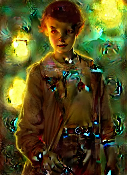 Image similar to illustration by gaston bussiere, gerome, craig mullins, greg rutkowski, john singer sargent. portrait of eddie munson joseph quinn, stranger things. 8 ß's neon retro. lights, glow, magical. dark background.