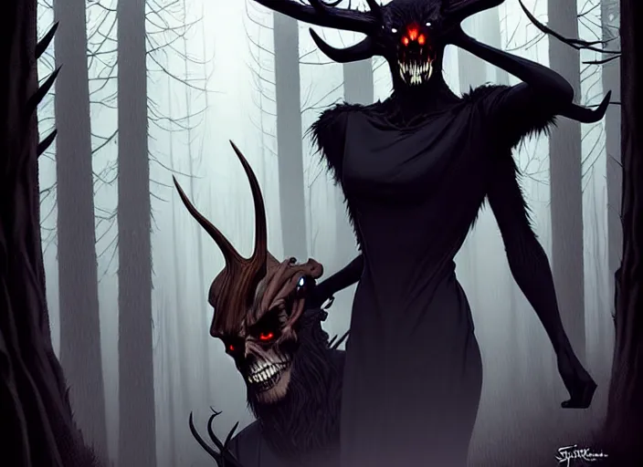 Image similar to style artgerm, joshua middleton, steve niles, diego fazio, j. c. leyendecker : : scary wendigo with antlers and skull face mixed with werewolf : : [ beautiful witch wearing a black dress, symmetrical face, on the right side ] : : in the forest, detailed, dark and foggy, cinematic lighting