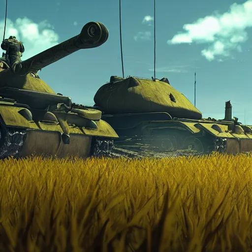 Image similar to a high resolution very detailed image from nier : automata of the russian tank final boss fight, in yellow rye field under blue sky