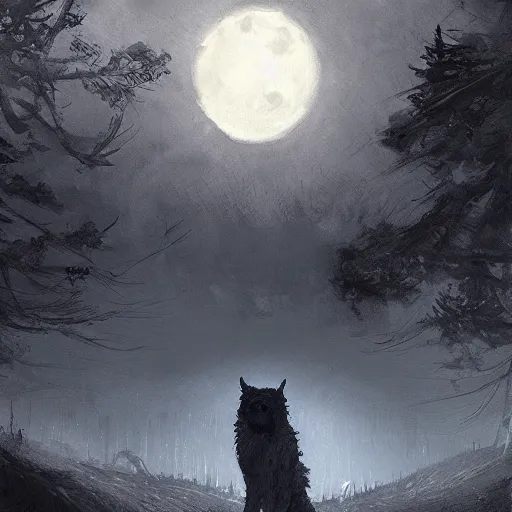 Prompt: An image of werewolf at night with full moon in style of Jakub Różalski, digital art, artstation