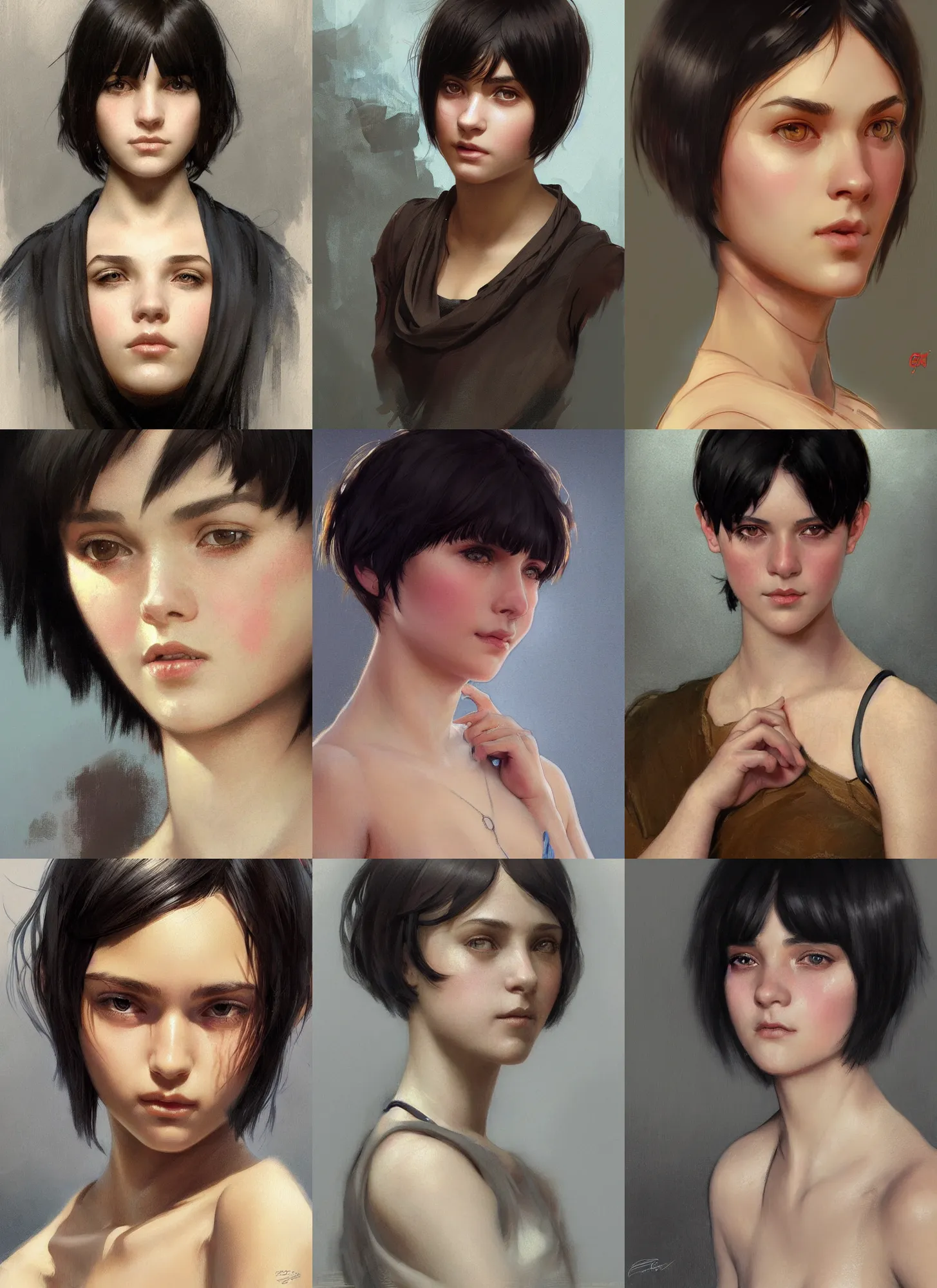 Prompt: Close-up portrait of kind young girl with short black hair in a bob cut, slightly dirty face, portrait, highly detailed, digital painting, artstation, concept art, sharp focus, illustration, art by artgerm and greg rutkowski and alphonse mucha