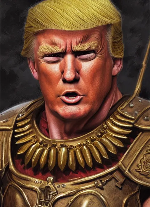 Prompt: portrait, muscular donald trump warrior, heavy bronze breastplate, by donato giancola, wayne reynolds, jeff easley dramatic light, high detail, cinematic lighting, artstation, dungeons and dragons, in the mountains