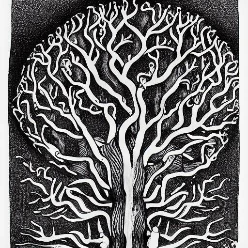 Prompt: the tree of knowledge bearing strange fruit by mc escher, line art, charcoal, ink drawing, illustration, color