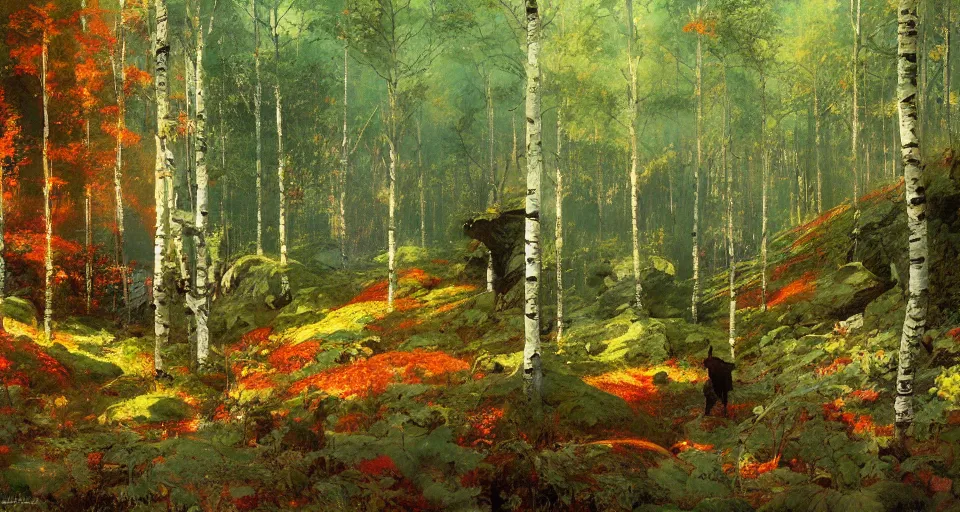 Image similar to sunny birch forest, hemlocks, mushrooms, intricate, vivid colors, elegant, highly detailed, john park, frazetta, john howe, ruan jia, jeffrey catherine jones