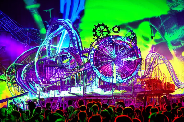 Image similar to an outdoor festival stage, big neon letters tripmachine, center of the stage is a big futuristic steampunk generator with gears and tubes, a rollercoaster wtih steamtrain over the stage, rock musicians on the stage, laser show, 8 k, fluorescent colors, halluzinogenic, multicolored, exaggerated detailed, unreal engine