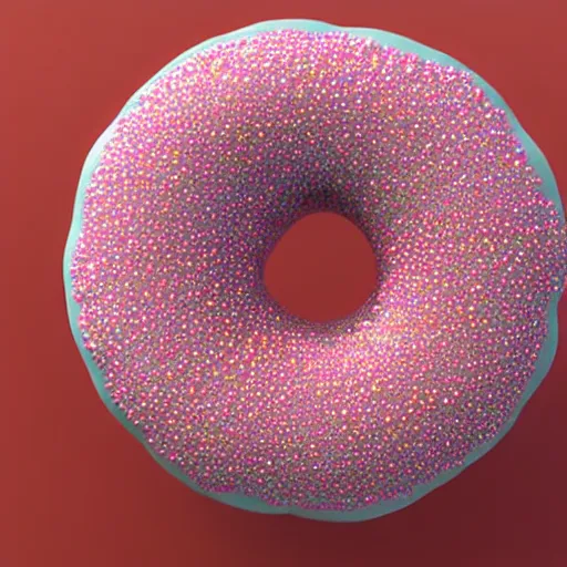 Image similar to 3 d render of realistic pink frosted donut with sprinkles, the donut has a bite taken out of it