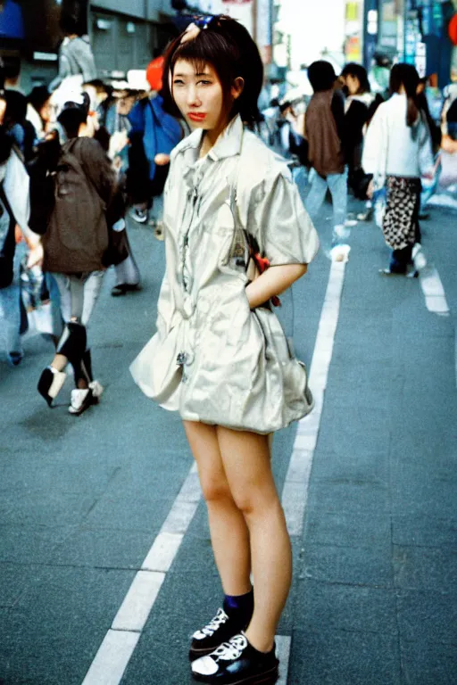 Prompt: a 1 9 9 0 s street fashion photograph of a young japanese woman in 9 0 s fashion, uncropped photograph, in bubble era tokyo ueno, shot on cinestill 5 0 d with a canon 2 8 mm at f / 5. 6 lens, print magazine quality!!, very highly photorealistic, nineties nostalgia!!!, 4 k