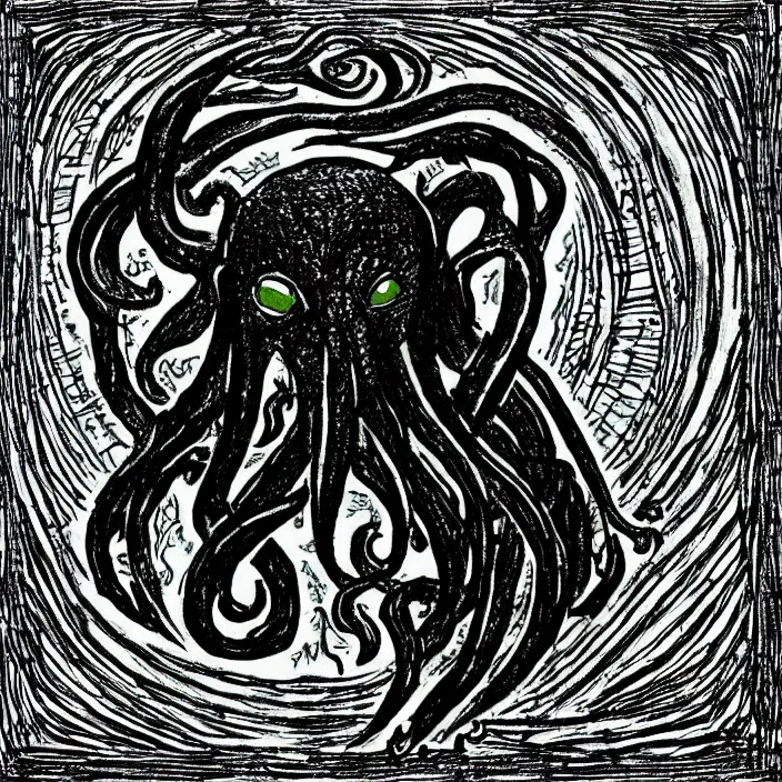 Image similar to a cute cthulhu icon drawn in the style of rockwell kent