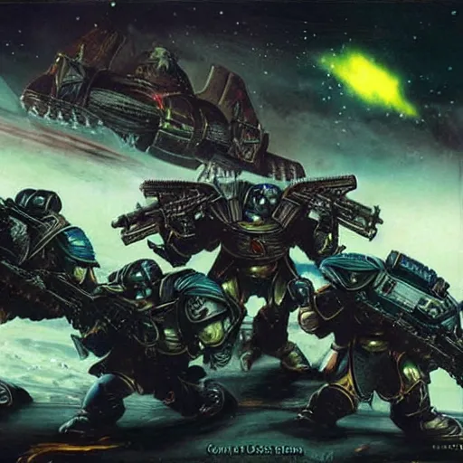 Image similar to Astartes are fighting against space orcs, huge armies, epic battle, a bunch of explosions, bullet tracers, Astartes are very well detailed, orcs are very well detailed, Photo style retro futurism art