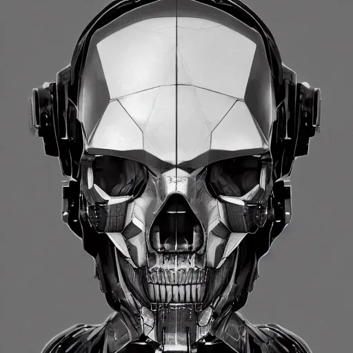 Image similar to black and white cyberpunk style dark bio metal skull, abalone pearl iridescence mecha hard-surface, cyberpunk, hyper realistic, cinematic, unreal engine, 3D, 8K, imagined by Ash Thorp, Tsutomu Nihei, Ghost In The Shell, Akira