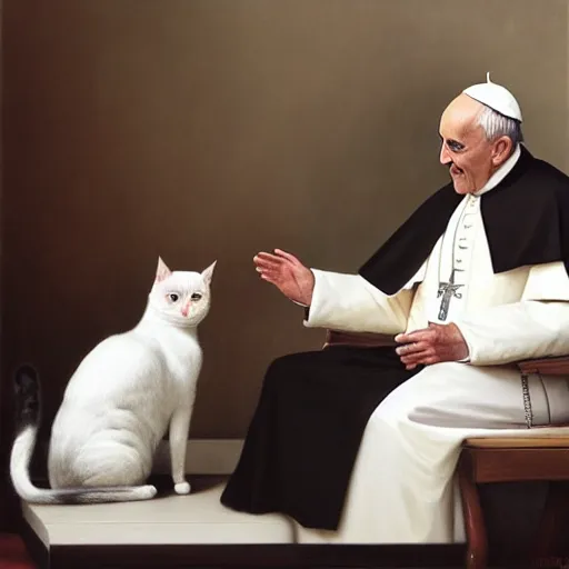 Prompt: Pope Francis sitting on a chair and crying while a black and white cat sits on his lap, realistic oil painting, painted by Roberto Ferri