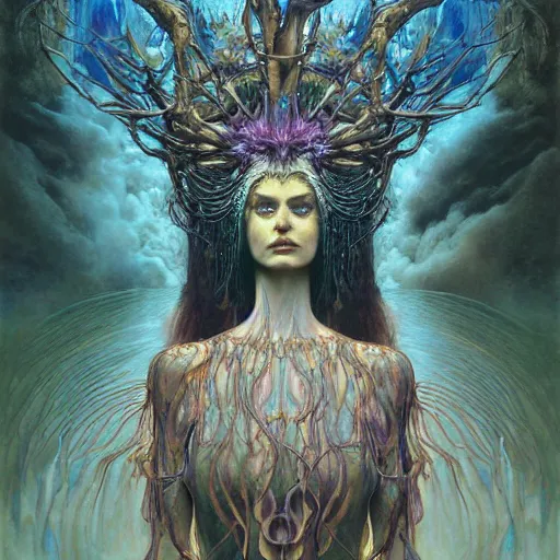 Image similar to forest spirit queen of jupiter by zdzisław beksinski, iris van herpen, raymond swanland, craig mullins and alphonse mucha. highly detailed, hyper - real, beautiful