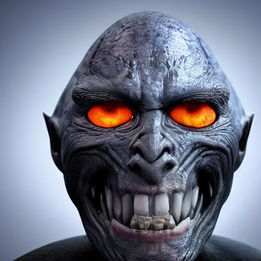 Image similar to full body dark and intimidating portrait of an angry grey alien with sharp glowing black eyes, standing upright with blue wispy light highlighting from behind its figure on a black background, scary, dark and high resolution, 3 d, rim lighting, octane render, 8 k, ultradetailed, photorealistic,