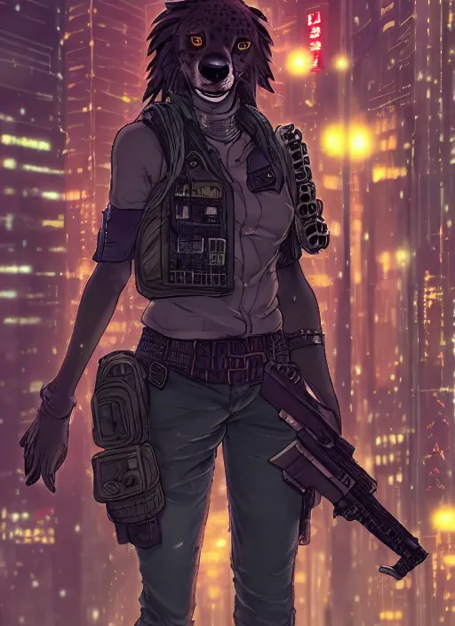 Prompt: character portrait of a female anthro hyena fursona with a cute beautiful attractive furry face and long black curly hair wearing a bulletproof vest in a cyberpunk city at night while it rains. hidari, color page, tankoban, 4K, tone mapping, Akihiko Yoshida.