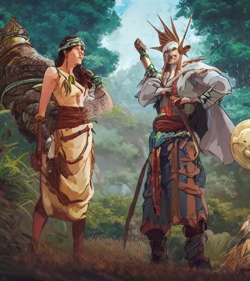 Prompt: an epic fantasy comic book style portrait painting of white people dressed like massai, studio ghibli, unreal 5, daz, hyperrealistic, octane render, cosplay, rpg portrait, dynamic lighting, intricate detail, harvest fall vibrancy, cinematic