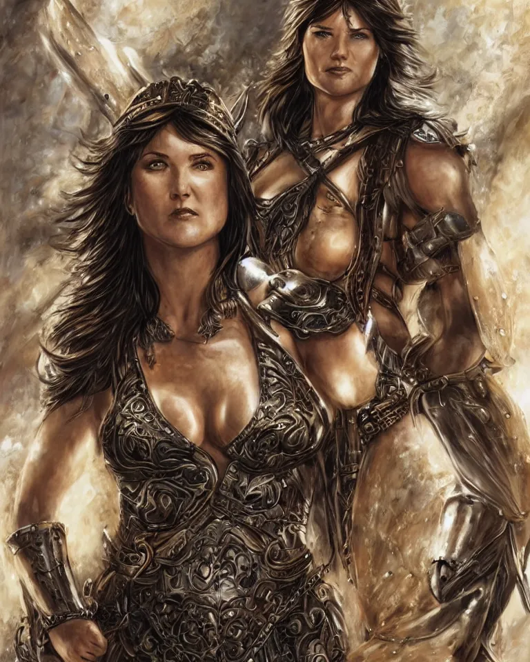 Image similar to lucy lawless, xena warrior princess as an amazon warrior, a tall beautiful woman with brown skin and long hair, dressed in hellenistic body armor, intricate, elegant, highly detailed, smooth, sharp focus, detailed face, art by ardian syaf