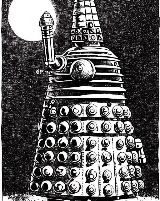 Image similar to a dalek as a d & d monster, pen - and - ink illustration, etching, by russ nicholson, david a trampier, larry elmore, 1 9 8 1, hq scan, intricate details, high contrast, no background