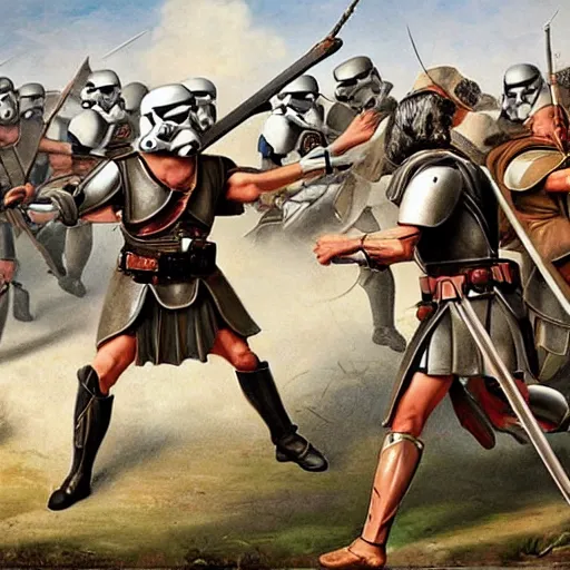 Prompt: roman soldiers in battle with stormtroopers