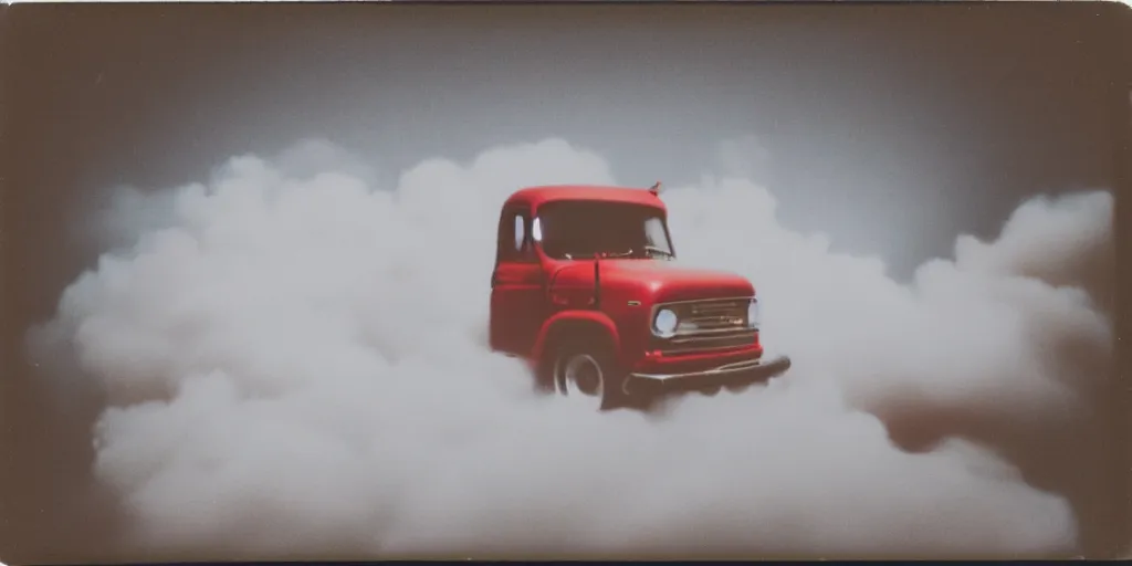 Image similar to polaroid photo of a red truck on fire, big smoke clouds, at night, stars visible in the sky, slight color bleed