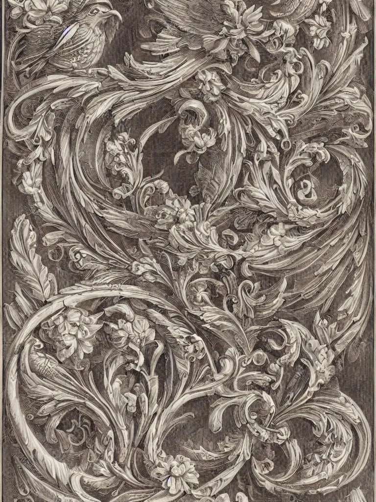 Prompt: beautiful decorative ornamental engraving with classical elements emanating from center of design, decorative design, classical ornament, motif, bilateral symmetry, birds, feathers, flowering buds, acanthus scrollwork, negative space, highly detailed etching