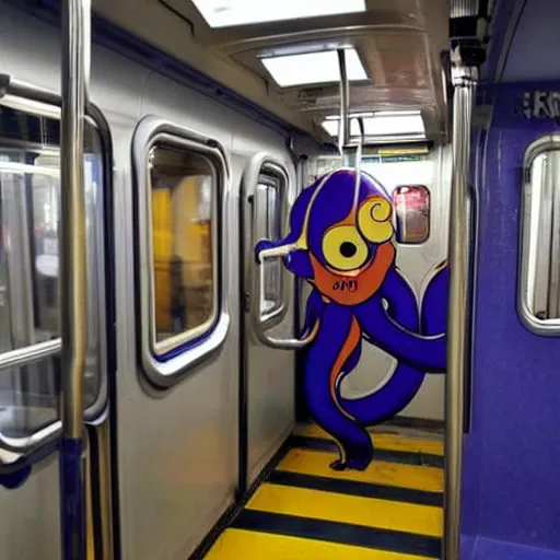 Image similar to of a giant octopus invading a interior of a subway train in new york,