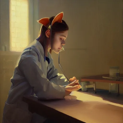 Prompt: girl with cat ears wearing a labcoat in a biology lab, microscope on table, expressive oil painting, trending on artstation, sunlit, octane render, by jeremy lipking, beautiful lighting