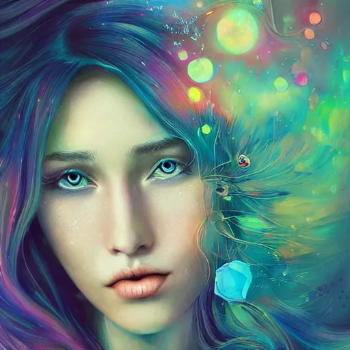 Image similar to a painting of a woman with long hair, digital art by anna dittmann, behance contest winner, psychedelic art, behance hd, detailed painting, iridescent