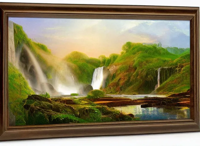 Image similar to epic waterfall planetscape, glowing river scene, serene mood, in style of frederic edwin church