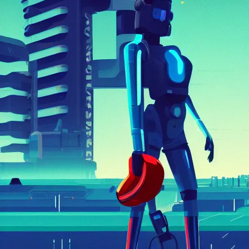 Image similar to a woman walking across a green field, a huge blue robot head in front of her, cyberpunk art by by james gilleard, cgsociety, retrofuturism, synthwave, retrowave, outrun