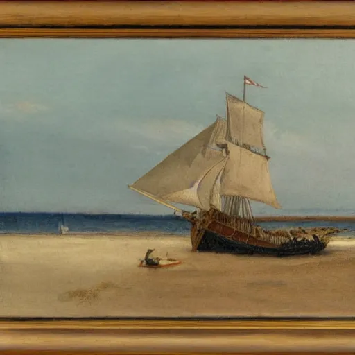 Prompt: a ship docking on the beach next to an island, in the style of edwin austin abbey