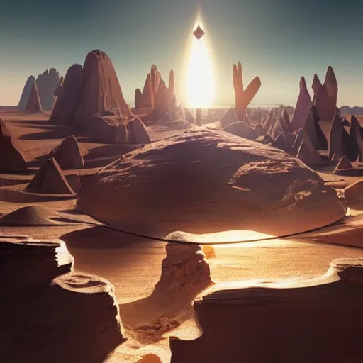 Image similar to huge angular vertical complex translucent crystals in the desert, reflection from the crystal is sparkling due to sun, small retro starship in the sky, futuristic hi-tech details, art by anthony macbain + greg rutkowski + alphonse mucha, concept art, 4k, sharp focus, cinematic render unreal engine