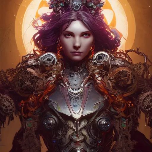 Prompt: beautiful female evil cyborg druid android queen, ultra realistic, concept art, intricate details, serious, highly detailed, photorealistic, octane render, 8 k, unreal engine, art by todd mcfarlane and artgerm and greg rutkowski and alphonse mucha