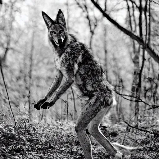 Image similar to black and white trailcam footage of native weird distorted human body Skinwalker transforming into a coyote