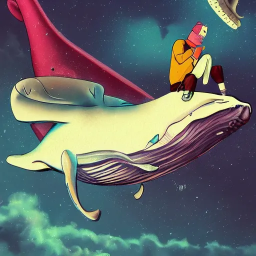 Prompt: Bojack Horseman riding a whale in space, beautiful digital art, trending on artstation, Bojack Horseman