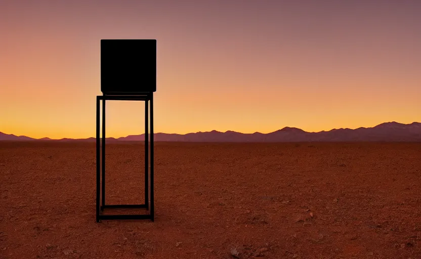 Image similar to giant black reflecting metal cube, standing in the mojave desert, dawn, orange sky, dslr photo, cinematic