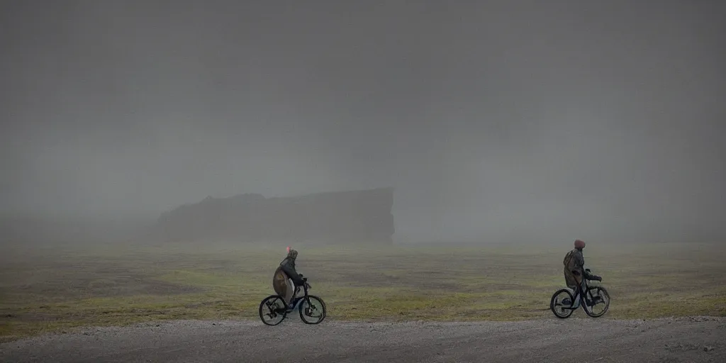 Prompt: A digital painting by Simon Stålenhag of a person on a touring bike on a gravel road of Iceland. The bike has a rack with saddlebags mounted. Around the road there are monumental old ruins tower of a dark misty forest,overcast, sci-fi