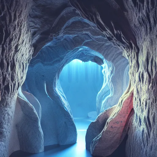 Image similar to light is mine to travel,beyond time ,the cathedrals in a underground vast cave canyon grotto of life the beginning , geological strata,ground mist, falling water,deep clear pools of water, hypermaximalist,micro details, 3d sculpture,,digital rendering,octane render , 4k, artstation, concept art ,amazing lighting, f32,deep depth of field,photographic, wide angle,cinematic lighting