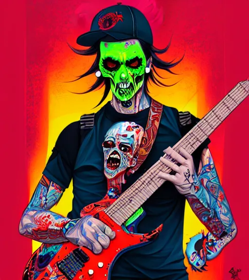 Prompt: a zombie punk rocker playing electric guitar, tristan eaton, victo ngai, artgerm, rhads, ross draws