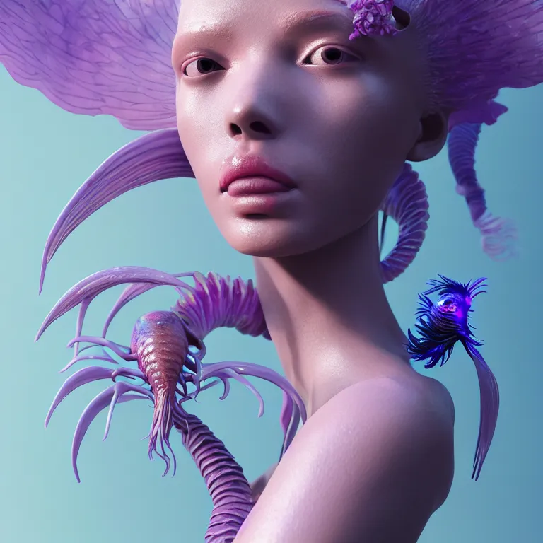 Image similar to goddess full painted acryllic sculpture close-up portrait. orchid bird phoenix jellyfish betta fish, intricate artwork by Tooth Wu and wlop and beeple. octane render, trending on artstation, greg rutkowski very coherent symmetrical artwork. cinematic, hyper realism, high detail, octane render, 8k