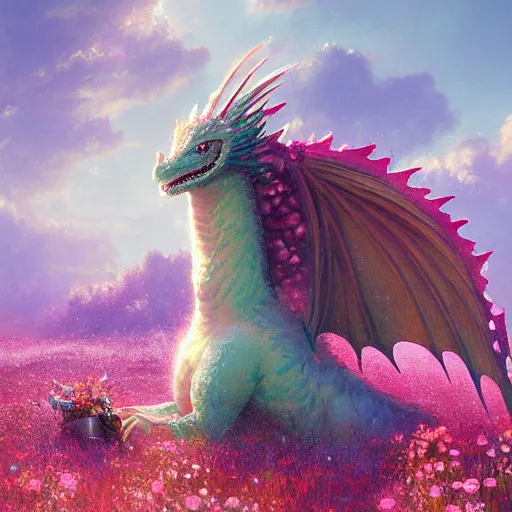 Prompt: beautiful digital fantasy illustration of a closeup adorable giant fluffy feathered sparkling pearlescent pastel dragon sitting alone in a flower meadow, concept art by greg rutkowski, anato finnstark, and rebecca guay, highly detailed, soft lighting, rendered in octane