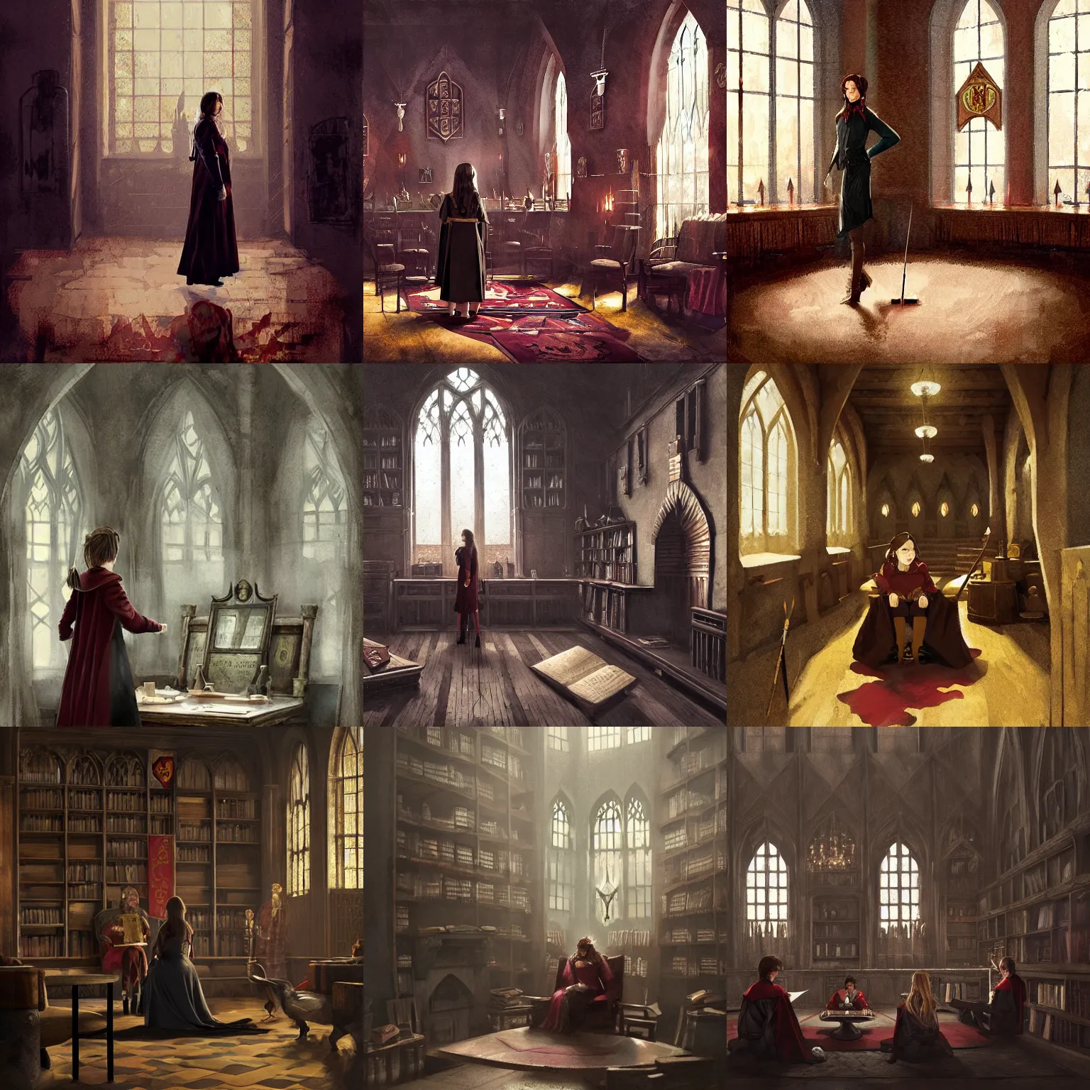 Prompt: hogwarts gryffindor common room, katniss everdeen is standing, digital portrait by greg rutkowski