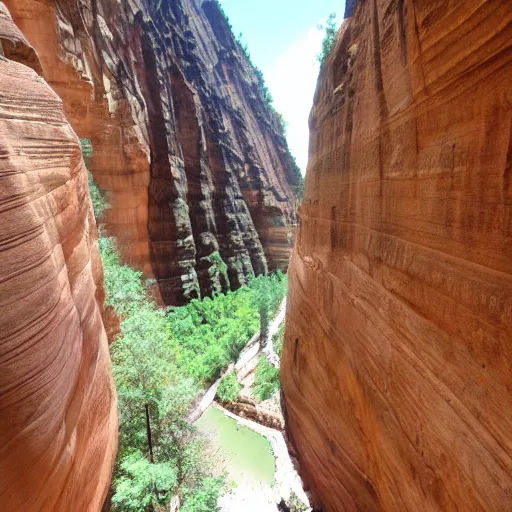 Image similar to A humongous canyon with temples etched into the walls of the canyon.